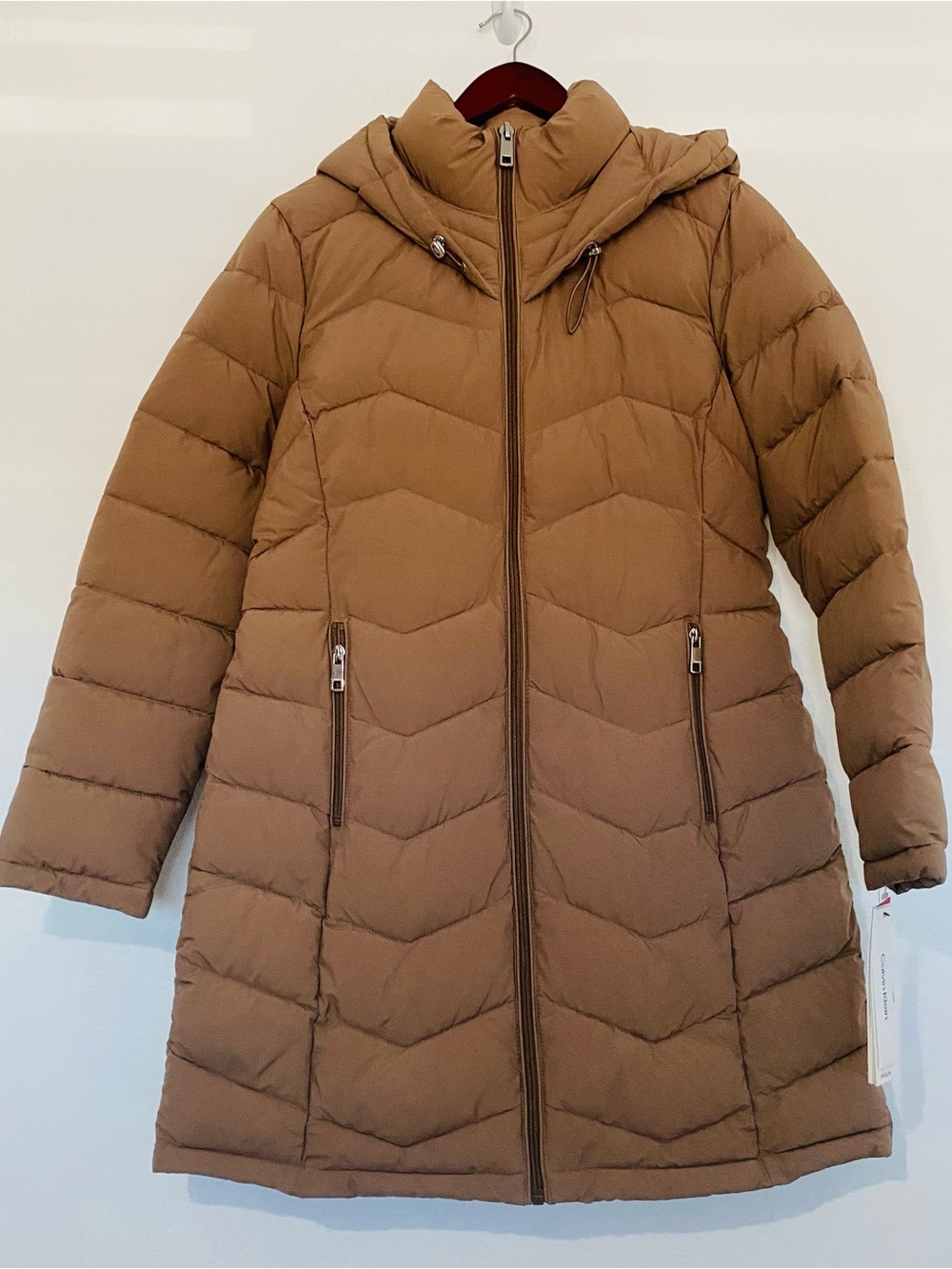 Calvin Klein Camel Brown Long Quilted Puffer Coat